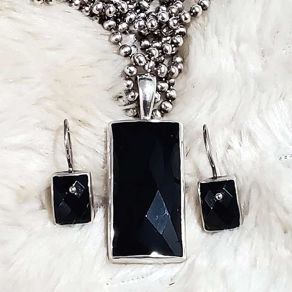 *FINAL*  RARE Silpada 925 Sterling Faceted Blk Onyx Pendant Necklace Earring Set